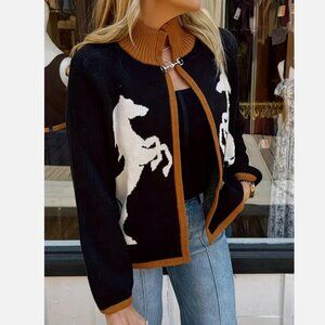 Horse Equestrian Knit Cardigan Sweater Cape Shrug Black Horses Western L New